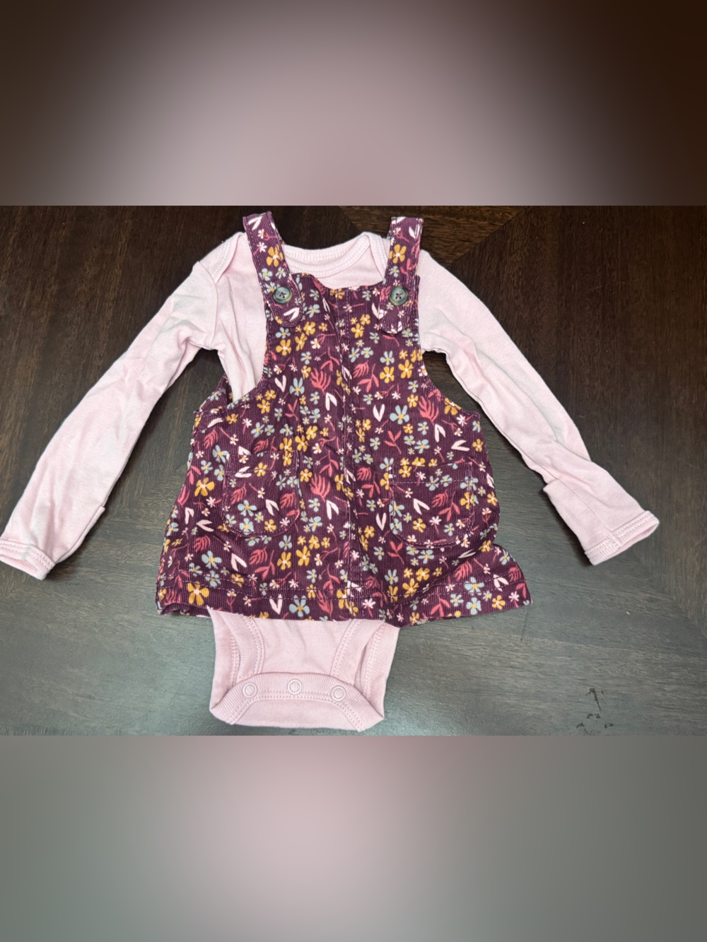 Carter's Pink Long-Sleeve Bodysuit with Purple Floral Pinafore